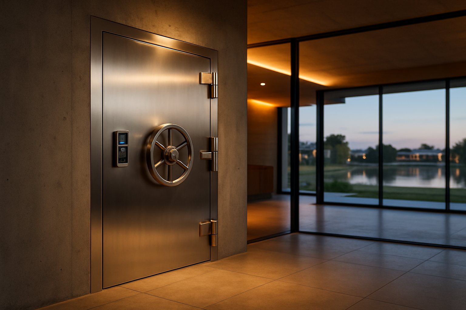 Puerta de bóveda de acero en el interior de un club house de barrio cerrado al atardecer